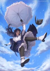 Rule 34 | 1girl, animal, artist name, black cat, black gloves, black pantyhose, blue capelet, blue dress, blue eyes, blue hair, bow, capelet, cat, cloud, cloudy sky, commentary, day, dress, english commentary, falling, final fantasy, final fantasy xiv, frilled dress, frilled umbrella, frills, from below, full body, gloves, hair bow, highres, holding, holding umbrella, long hair, long sleeves, open mouth, pantyhose, puffy sleeves, sky, solo, two-tone dress, umbrella, warrior of light (ff14), white dress, white footwear, winterleigh, wynteria lei