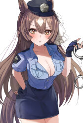 Rule 34 | 1girl, alternate costume, animal ears, black gloves, blue shirt, blue skirt, blush, breasts, brown hair, cleavage, commentary request, cowboy shot, cuffs, fingerless gloves, gloves, hair between eyes, hanamura pink, hand on own hip, handcuffs, hat, highres, holding, holding handcuffs, horse ears, horse girl, horse tail, large breasts, long hair, looking at viewer, multicolored hair, open clothes, open shirt, parted lips, pencil skirt, police, police hat, police uniform, policewoman, satono diamond (umamusume), shirt, skirt, solo, streaked hair, tail, umamusume, uniform, very long hair, white hair, yellow eyes