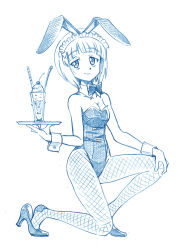 Rule 34 | 1girl, animal ears, bbb (friskuser), blue theme, blunt bangs, breasts, cherry, cleavage, closed mouth, commentary, cutlass (girls und panzer), drinking straw, fake animal ears, fishnet pantyhose, fishnets, food, fruit, full body, girls und panzer, glass, hand on own knee, high heels, highres, holding, holding tray, ice cream, leotard, looking at viewer, maid headdress, medium breasts, monochrome, on one knee, pantyhose, playboy bunny, rabbit ears, shoe dangle, short hair, smile, solo, spoon, strapless, strapless leotard, sundae, tray, wrist cuffs