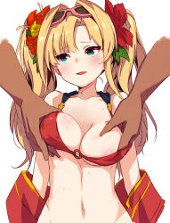 Rule 34 | 10s, 1girl, areola slip, bikini, blonde hair, blue eyes, blush, grabbing another&#039;s breast, breasts, cleavage, eyewear on head, flower, grabbing, granblue fantasy, hair flower, hair ornament, hibiscus, highres, large breasts, long hair, looking away, navel, o-ring, o-ring top, open mouth, red bikini, sakura akami, shawl, simple background, smile, solo focus, sunglasses, swimsuit, twintails, white background, zeta (granblue fantasy), zeta (summer) (granblue fantasy)