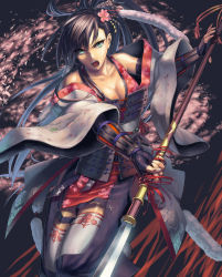 Rule 34 | 1girl, armor, bare shoulders, blue eyes, breasts, brown hair, cleavage, cuboon, fingerless gloves, floral print, gloves, hair ornament, japanese clothes, kanzashi, long hair, medium breasts, naginata, off shoulder, open mouth, petals, polearm, ponytail, revision, sengoku taisen, solo, suwa hana, thighhighs, weapon, white thighhighs