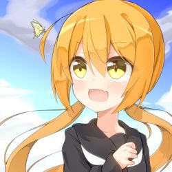 Rule 34 | 10s, 1girl, :d, bad id, bad twitter id, black serafuku, blonde hair, bug, butterfly, commentary request, fang, hair between eyes, insect, kantai collection, long hair, long sleeves, neckerchief, open mouth, rateratte, satsuki (kancolle), school uniform, serafuku, smile, solo, twintails, white neckerchief, yellow eyes