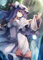 Rule 34 | 1girl, :o, blush, book, bow, breasts, crescent, dress, fal maro, hat, large breasts, long hair, patchouli knowledge, purple eyes, purple hair, solo, striped clothes, striped dress, touhou, vertical-striped clothes, vertical-striped dress, very long hair