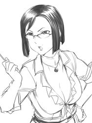 Rule 34 | 1girl, breasts, cleavage, collared shirt, commentary request, glasses, greyscale, hand on own hip, jewelry, medium breasts, monochrome, pendant, shirt, short hair, simple background, sketch, sleeves rolled up, solo, takakura naoko, tari tari, teacher, ueyama michirou, upper body, white background