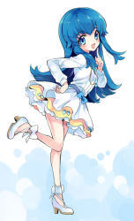 Rule 34 | 10s, 1girl, bad id, bad pixiv id, blue eyes, blue hair, bow, dress, happinesscharge precure!, leg lift, long hair, matching hair/eyes, precure, shirayuki hime, shoes, sidelocks, smile, solo, standing, standing on one leg, yukiwo
