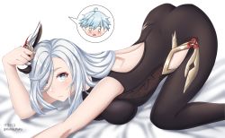 Rule 34 | 1boy, 1girl, absurdres, all fours, artist name, ass, aunt and nephew, back cutout, bed sheet, blue eyes, blue hair, bodysuit, breasts, chongyun (genshin impact), clothing cutout, embarrassed, feather hair ornament, feathers, genshin impact, hair ornament, highres, kumapako, large breasts, light blue hair, long hair, looking at viewer, shenhe (genshin impact), short hair, tassel, waist cutout, white background