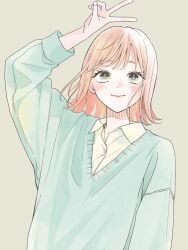 Rule 34 | 1girl, arm at side, arms up, baggy clothes, black eyes, blue eyes, blue sweater, blush, closed mouth, collared shirt, commentary, furusato kou, highres, light brown hair, lips, long sleeves, multicolored eyes, nose blush, open collar, original, pink hair, pink lips, shirt, short hair, simple background, sleeves past elbows, smile, solo, straight-on, sweater, symbol-only commentary, v, white shirt, yellow eyes