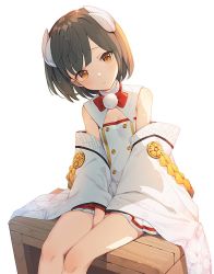Rule 34 | 1girl, azur lane, bench, between legs, black hair, breasts, buttons, closed mouth, commentary, detached sleeves, double-breasted, eho (icbm), hand between legs, head tilt, hiei-chan (azur lane), hiei (azur lane), horns, long sleeves, pleated skirt, short hair, simple background, sitting, skirt, small breasts, solo, white background, wide sleeves, yellow eyes