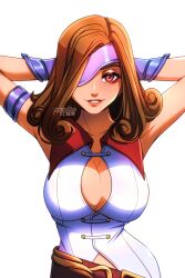 Rule 34 | 1girl, absurdres, beatrix (ff9), belt, blush, breasts, brown eyes, brown hair, clothing cutout, dress, eyepatch, final fantasy, final fantasy ix, hands in hair, highres, large breasts, looking at viewer, medium hair, pixie (pixieinktvis), signature, sleeveless, sleeveless dress, smile, solo, upper body, white background
