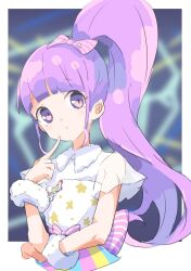 Rule 34 | 1girl, blunt bangs, blurry, blurry background, border, closed mouth, cropped torso, finger to cheek, hand up, long hair, looking at viewer, manaka non, pretty series, pripara, purple eyes, purple hair, shirt, short sleeves, side ponytail, sidelocks, solo, tulaca (pixiv), upper body, white border, white shirt, wrist cuffs