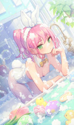 Rule 34 | 1girl, animal ears, ass, bare arms, bare shoulders, bathroom, bent over, bow, bowtie, breasts, bubble, cleavage, closed mouth, detached collar, dutch angle, earrings, fake animal ears, fake tail, fishnet pantyhose, fishnets, green eyes, hairband, highres, jewelry, kaito (k4itoh), leotard, long hair, looking at viewer, mole, mole on breast, mole under eye, nail polish, original, pantyhose, pink hair, playboy bunny, ponytail, rabbit ears, rabbit tail, raised eyebrow, reflection, sidelocks, small breasts, soap bubbles, solo, standing, strapless, strapless leotard, stud earrings, tail, thighs, wet, white leotard, white pantyhose