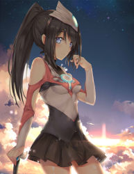 Rule 34 | 1girl, absurdres, backlighting, bare shoulders, black hair, black skirt, blue eyes, blush, breasts, closed mouth, clothing cutout, cloud, cloudy sky, commentary, contrapposto, covered collarbone, cowboy shot, diffraction spikes, genderswap, genderswap (mtf), gloves, gradient sky, grey gloves, hair between eyes, hand in own hair, hand on hilt, hand up, headgear, high ponytail, highres, light particles, light smile, long hair, looking at viewer, medium breasts, miniskirt, night, night sky, outdoors, personification, pleated skirt, ponytail, shiny skin, shoulder cutout, sidelocks, sideways glance, skirt, sky, solo, standing, star (sky), starry sky, sunlight, sunrise, tareme, taro (ultrataro), turtleneck, ultraman orb, ultraman orb (series)