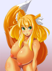 Rule 34 | 1girl, animal ears, blonde hair, blush, breasts, collarbone, cowboy shot, cropped legs, fox ears, fox tail, gradient background, green eyes, huge breasts, long hair, nipples, nude, open mouth, pussy, shiny skin, solo, tail, umigarasu (magipro), uncensored