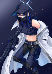 Rule 34 | 1girl, absurdres, assault rifle, bare shoulders, belt, black gloves, black hair, black pants, blue archive, blue background, blue belt, blue eyes, blue shirt, breasts, buckle, coat, commentary, cowboy shot, crop top, feet out of frame, fim-92 stinger, gloves, groin, gun, hair between eyes, halo, hand in pocket, hat, highres, holding, holding gun, holding weapon, kipdrew, knife, knife sheath, long hair, long sleeves, looking at viewer, mask, medium breasts, midriff, mouth mask, navel, off shoulder, pants, rifle, rocket launcher, saori (blue archive), sheath, shirt, sidelocks, sig 516, sig sauer, sleeveless, sleeveless shirt, snap-fit buckle, solo, standing, stomach, underbust, weapon, white coat