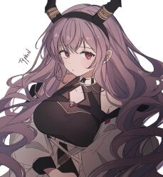 Rule 34 | 1girl, arknights, bare shoulders, black bodysuit, black hairband, blush, bodysuit, breasts, character name, cleavage cutout, closed mouth, clothing cutout, collarbone, dot nose, fake horns, hair between eyes, hairband, highres, horns, large breasts, long hair, long sleeves, looking at viewer, off shoulder, portrait, purple hair, red eyes, seri (vyrlw), shirt, simple background, solo, typhon (arknights), white background, white shirt
