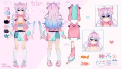 Rule 34 | 1girl, ahoge, ako ryouka, animal ear fluff, animal ears, asymmetrical skirt, belt, black belt, blue hair, breasts, cat ears, cat tail, character name, character sheet, chinese commentary, chinese text, cleavage, closed mouth, commentary request, crop top, detached sleeves, english text, fish, heart, highres, indie virtual youtuber, k4moko, medium breasts, multiple views, open clothes, paw print, pink eyes, pink footwear, pink hair, pink vest, pom pom (clothes), shoes, smile, socks, tail, twitter username, vest, virtual youtuber, white socks