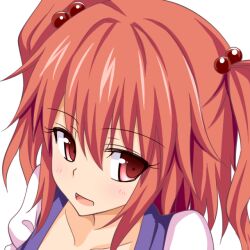 Rule 34 | 1girl, collarbone, commentary request, gin&#039;you haru, hair bobbles, hair ornament, looking at viewer, onozuka komachi, open mouth, portrait, profile picture, red hair, short sleeves, simple background, solo, touhou, two side up, upper body, white background