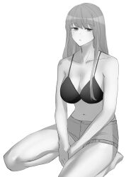 Rule 34 | 1girl, :o, arms between legs, bikini, breasts, cleavage, denim, denim shorts, frima (nikke), frima (sea of sloth) (nikke), goddess of victory: nikke, greyscale, highres, large breasts, long hair, looking at viewer, monochrome, nasubin bin, official alternate costume, parted lips, shorts, sitting, solo, swimsuit