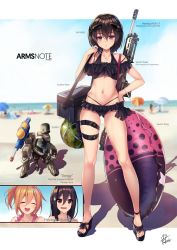 Rule 34 | 3girls, :d, ^ ^, arms note, assault rifle, beach, bikini, bionic joshikousei (fukai ryousuke), black bikini, blue sky, blurry, bob cut, breasts, bullpup, closed eyes, cloud, cloudy sky, contrapposto, copyright name, day, depth of field, english text, engrish text, exoarm joshikousei, food, fruit, fukai ryosuke, full body, gluteal fold, gun, hair between eyes, hair ornament, hairclip, halterneck, hand on own hip, head-mounted display, headgear, highres, holster, innertube, long range joshikousei (fukai ryousuke), multi-strapped bikini bottom, multi-strapped bikini top, multiple girls, navel, open mouth, orange hair, original, outdoors, parted lips, ponytail, ranguage, red eyes, rifle, robot, sandals, short hair, sky, small breasts, smile, sniper rifle, standing, sweatdrop, swim ring, swimsuit, thigh holster, water gun, watermelon, weapon, yellow eyes