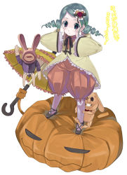 Rule 34 | 00s, 1girl, drill hair, full body, green eyes, green hair, hair ornament, heart, heart hair ornament, jack-o&#039;-lantern, kabocha, kabocha (monkey4), kanaria, long sleeves, looking at viewer, matching hair/eyes, puffy pants, pumpkin, rozen maiden, simple background, solo, standing, twin drills, twintails, umbrella, what, white background