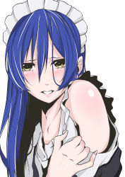 Rule 34 | 1girl, absurdres, bare shoulders, blue hair, blush, collarbone, commentary request, frills, hair between eyes, highres, long hair, looking at viewer, love live!, love live! school idol project, maid, maid headdress, parted lips, simple background, solo, sonoda umi, vice (kuronekohadokoheiku), white background, yellow eyes