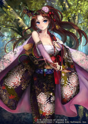 Rule 34 | 1girl, bad id, bad pixiv id, bare shoulders, blue eyes, blush, bow, breasts, bridal gauntlets, brown hair, cleavage, collarbone, copyright name, day, earrings, embellished costume, floating hair, floral print, flower, forest, glint, hair flower, hair ornament, hairpin, hand on own chest, holding, horns, japanese clothes, jewelry, kimono, large breasts, leaf, light smile, long hair, looking at viewer, nail polish, nature, obi, official art, open clothes, outdoors, parted lips, pisuke, ponytail, rintoshita kanzashi kuroyuri, robe, rope, sarashi, sash, single horn, solo, standing, tree, watermark, wide sleeves, z/x