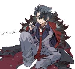 Rule 34 | 1boy, aged down, bandaged neck, bandages, black coat, black hair, black shirt, blue eyes, child, coat, collared shirt, commentary request, facial scar, fur-trimmed coat, fur trim, genshin impact, grey hair, grey pants, grey vest, hair between eyes, halo, highres, lapels, long sleeves, male focus, multicolored hair, necktie, open mouth, oversized clothes, pants, parted bangs, red necktie, scar, scar on cheek, scar on face, scar on neck, shirt, short hair, simple background, sitting, solo, streaked hair, surprised, sweatdrop, two-sided coat, two-sided fabric, vest, white background, wriothesley (genshin impact), yonaga tsuki25