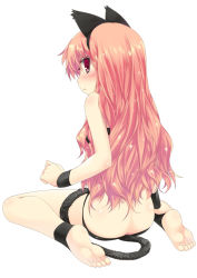 Rule 34 | 00s, 1girl, animal ears, ankle cuffs, anklet, ass, barefoot, blush, cat ears, cat tail, feet, from behind, frown, full body, jewelry, long hair, looking back, louise francoise le blanc de la valliere, lowleg, lowleg panties, mizuki makoto, panties, pink eyes, pink hair, plantar flexion, simple background, sitting, soles, solo, tail, toes, underwear, wariza, wavy mouth, white background, wristband, zero no tsukaima