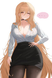 Rule 34 | ..., 1girl, absurdres, azur lane, black choker, black skirt, blonde hair, breasts, brown pantyhose, choker, cleavage, commentary request, hair between eyes, hand on own hip, high-waist skirt, highres, implacable (azur lane), implacable (shepherd of the &quot;lost&quot;) (azur lane), large breasts, long hair, long sleeves, looking at viewer, office lady, official alternate costume, pantyhose, partially unbuttoned, pencil skirt, red eyes, see-through, see-through shirt, shirt, shirt tucked in, skirt, slqnsdl, solo, very long hair, white shirt