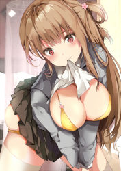 Rule 34 | 1girl, bad id, bad pixiv id, blush, bra, breasts, brown hair, cardigan, cleavage, clothes in mouth, clothes lift, grey cardigan, hair between eyes, hair ornament, indoors, large breasts, leaning forward, lifting own clothes, light particles, long hair, looking at viewer, mouth hold, one side up, original, panties, panty pull, pleated skirt, pon (ponidrop), red eyes, school uniform, shirt, shirt in mouth, shirt lift, side ponytail, sidelocks, skindentation, skirt, solo, thighhighs, underwear, uniform, white shirt, white thighhighs, yellow bra, yellow panties