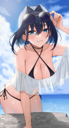 Rule 34 | 1girl, absurdres, adjusting eyewear, ayul (ayulneri 92), bare shoulders, bikini, bikini under clothes, black bikini, black hair, blue eyes, blue sky, blush, bow, bow earrings, breasts, cleavage, cloud, collarbone, day, earrings, eyewear on head, grin, hair intakes, hand on eyewear, highres, hololive, hololive english, jewelry, large breasts, leaning forward, looking at viewer, ocean, off shoulder, ouro kronii, outdoors, parted lips, revision, see-through, short hair, side-tie bikini bottom, sky, smile, solo, sunglasses, swimsuit, virtual youtuber, water, wet