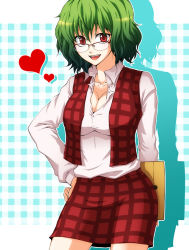 Rule 34 | 1girl, adapted costume, bespectacled, breasts, cleavage, envelope, female focus, glasses, green hair, hand on own hip, heart, hip focus, kazami yuuka, large breasts, miniskirt, mokku, open mouth, pencil skirt, plaid, plaid background, plaid skirt, plaid vest, red eyes, short hair, skirt, skirt set, smile, solo, touhou, vest