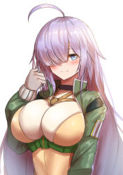 Rule 34 | 1girl, absurdres, ahoge, black choker, breasts, chest strap, cho!cho!, choker, cleavage, gloves, gnome (last origin), green jacket, grey gloves, hair down, half-closed eyes, highres, jacket, large breasts, last origin, leotard, long hair, looking at viewer, open clothes, open jacket, orange leotard, playing with own hair, purple hair, simple background, smile, solo, underbust, upper body, very long hair, white background