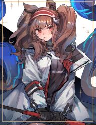 Rule 34 | 1girl, angelina (arknights), animal ears, arknights, black collar, black gloves, black shorts, border, breasts, brown hair, collar, earpiece, fox ears, fox girl, frown, galbi nyam, gloves, hairband, highres, holding, holding staff, infection monitor (arknights), jacket, layered clothes, long sleeves, medium breasts, medium hair, open clothes, open jacket, red eyes, red hairband, red jacket, shorts, solo, sparkle, staff, striped clothes, striped hairband, twintails, two-tone hairband, unzipped, upper body, white jacket