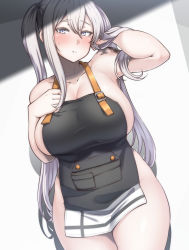 Rule 34 | 1girl, apron, black apron, blush, breasts, cleavage, closed mouth, cross, graf zeppelin (kancolle), grey background, hair between eyes, hand in own hair, hand on own chest, highres, huge breasts, iron cross, kantai collection, konoshige (ryuun), long hair, looking at viewer, naked apron, plump, pocket, purple eyes, shoulder tattoo, sidelocks, silver hair, simple background, solo, tattoo, thick thighs, thighs, twintails, wide hips