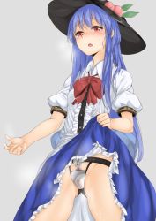 Rule 34 | 1girl, blue hair, blush, breasts, chastity belt, clothes lift, crying, female pubic hair, food, fruit, hat, hinanawi tenshi, lock, long hair, momo retasu, open mouth, padlock, peach, pubic hair, puffy short sleeves, puffy sleeves, pussy juice, red eyes, saliva, shirt, short sleeves, skirt, skirt lift, small breasts, solo, sticky fingers, touhou, very long hair