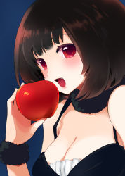 Rule 34 | 1girl, apple, bare shoulders, black hair, blush, breasts, choker, cleavage, fang, food, fruit, hisana, looking at viewer, open mouth, original, red eyes, short hair, solo, spaghetti strap, strap gap, upper body, wristband