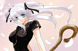 Rule 34 | 1girl, black dress, black ribbon, blue eyes, breasts, china dress, chinese clothes, closed mouth, dress, feathers, floral print, gradient background, hair between eyes, hair ribbon, jewelry, koshikawa guu, large breasts, long hair, looking at viewer, mabinogi, nao (mabinogi), neck ring, print dress, ribbon, shepherd&#039;s crook, smile, solo, staff, twintails, upper body, white feathers, white hair