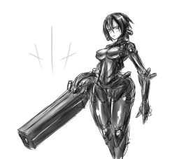 Rule 34 | 1girl, arm cannon, bad id, bad pixiv id, blame!, breasts, greyscale, highres, monochrome, sanakan, short hair, solo, tagane, weapon