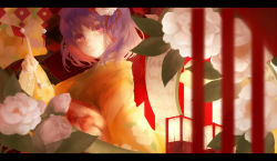 Rule 34 | 1girl, architecture, bad id, bad pixiv id, blurry, bow, calligraphy brush, depth of field, east asian architecture, flower, hair flower, hair ornament, hieda no akyuu, holding calligraphy brush, holding paintbrush, japanese clothes, jyuui, kimono, letterboxed, obi, paintbrush, purple eyes, purple hair, ribbon, sash, short hair, solo, touhou