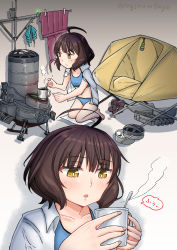 Rule 34 | 1girl, ahoge, blue bra, blue panties, blunt bangs, bra, brown eyes, brown hair, camping, unworn clothes, commentary request, cooking, cup, dress shirt, highres, kantai collection, kishinami (kancolle), machinery, multiple views, onguuchi, panties, shirt, shirt on shoulders, short hair, smokestack, sports bra, tent, underwear, wavy hair, white shirt, zoom layer