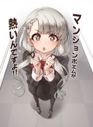 Rule 34 | + +, 1girl, asymmetrical bangs, black footwear, black pantyhose, black skirt, blunt bangs, braid, brown eyes, chestnut mouth, clenched hands, eyebrows, from above, full body, grey hair, hair over shoulder, hair ribbon, hands up, highres, hisakawa nagi, idolmaster, idolmaster cinderella girls, kakaobataa, loafers, long hair, long sleeves, looking at viewer, low twintails, no nose, open mouth, pantyhose, parody, perspective, red neckwear, ribbon, shoes, side braid, skirt, solo, sophie twilight, sparkle, standing, tonari no kyuuketsuki-san, twintails, v-shaped eyebrows, very long hair, white background, wing collar