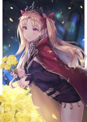 Rule 34 | 1girl, absurdres, bad id, bad pixiv id, blonde hair, cape, closed mouth, column, commentary request, earrings, ereshkigal (fate), fate/grand order, fate (series), field, flower, flower field, hair ribbon, highres, huge filesize, jewelry, light smile, long hair, long sleeves, night, night sky, petals, pillar, pink eyes, red ribbon, ribbon, rose, sakamuke, sky, solo, tiara, two side up, yellow flower, yellow rose