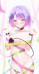 Rule 34 | 1girl, ^^^, absurdres, blush, breasts, breasts apart, censored, choker, collarbone, cowboy shot, demon tail, ear piercing, earrings, galileoningyo e, gradient hair, groin, hands up, heart, heart tattoo, highres, hololive, jewelry, leg tattoo, looking at viewer, multicolored hair, nail polish, naked ribbon, navel, piercing, pink nails, purple hair, ribbon, short hair, small breasts, solo, sweat, tail, tail censor, tattoo, tearing up, tears, thighhighs, tokoyami towa, trembling, virtual youtuber, wristband
