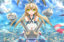 Rule 34 | &gt; &lt;, 10s, 1girl, animal ears, bad id, bad pixiv id, blonde hair, blue sky, closed eyes, cloud, detached sleeves, dress, elbow gloves, fake animal ears, gloves, green eyes, hair ribbon, highres, innertube, kantai collection, long hair, looking at viewer, marionette (excle), neckerchief, open mouth, personification, rabbit ears, rensouhou-chan, ribbon, sailor dress, school uniform, serafuku, shimakaze (kancolle), sitting, skirt, sky, smile, solo, striped clothes, striped thighhighs, swim ring, thighhighs, water, zettai ryouiki, | |