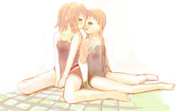Rule 34 | 2girls, barefoot, blush, brown hair, female focus, imminent kiss, long hair, looking at another, multiple girls, one-piece swimsuit, open mouth, original, school swimsuit, short hair, sitting, swimsuit, twintails, wariza, yuri, zakka