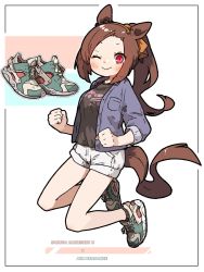 Rule 34 | 1girl, :&gt;, amonitto, animal ears, black shirt, blue jacket, blush, breasts, brown hair, character name, clenched hands, full body, green footwear, hairband, highres, horse ears, horse girl, horse tail, jacket, looking at viewer, medium breasts, nike (company), one eye closed, ponytail, product placement, red eyes, sakura bakushin o (umamusume), shirt, shoes, shorts, smile, sneakers, solo, tail, umamusume, white shorts