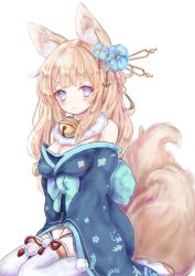 Rule 34 | 1girl, animal ears, azur lane, bare shoulders, bell, between legs, blue kimono, breasts, cleavage, flower, fox ears, fox tail, fur collar, hair flower, hair ornament, highres, japanese clothes, jingle bell, kimono, kitsune, long sleeves, looking at viewer, medium breasts, megts0331, multiple tails, niizuki (azur lane), off shoulder, sash, solo, tail, thick eyebrows, thighhighs, white background, white thighhighs, wide sleeves