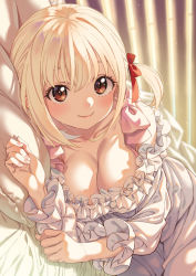 Rule 34 | 1girl, blonde hair, blush, breasts, cleavage, closed mouth, collarbone, commentary request, fingernails, frills, hair ribbon, highres, kink (tortoiseshell), large breasts, long sleeves, looking at viewer, lycoris recoil, lying, nishikigi chisato, on side, pillow, red eyes, red ribbon, ribbon, short hair, short twintails, smile, solo, twintails