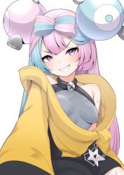 Rule 34 | 1girl, absurdres, bare shoulders, blue hair, bow-shaped hair, breasts, character hair ornament, creatures (company), game freak, gen 1 pokemon, grey pantyhose, hair ornament, highres, iono (pokemon), jacket, long hair, magnemite, multicolored hair, nintendo, oversized clothes, pantyhose, pink eyes, pink hair, pokemon, pokemon sv, sharp teeth, shirt, sleeveless, sleeveless shirt, sleeves past fingers, sleeves past wrists, small breasts, solo, split-color hair, sweat, teeth, twintails, two-tone hair, valefal coneri, very long hair, very long sleeves, x, yellow jacket
